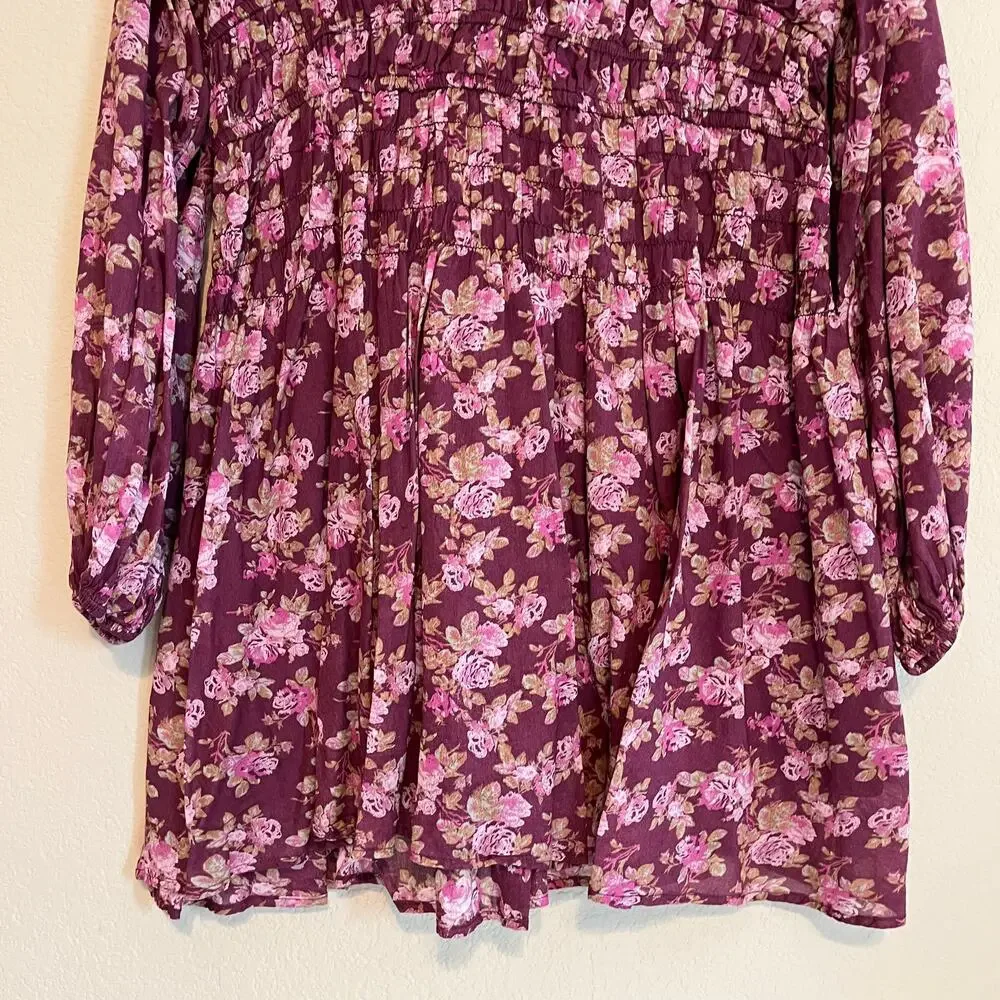 Free People Mini Dress Keep You Floral Long Sleeve Deep V-Neck Berry Combo Sz L